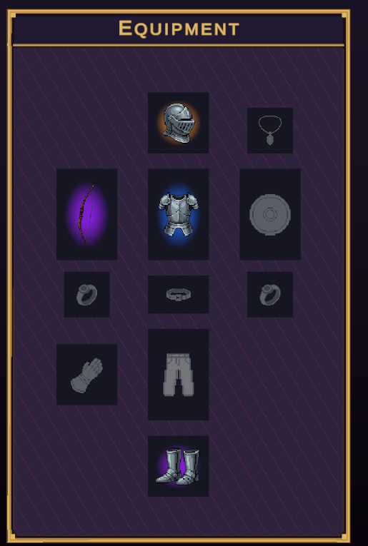 Equipment paper-doll panel with typed slots and some equipped items