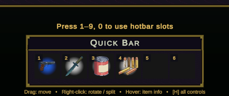 A hotbar with gold digit chips and an activation label, as seen in the Survival demo's quickbar