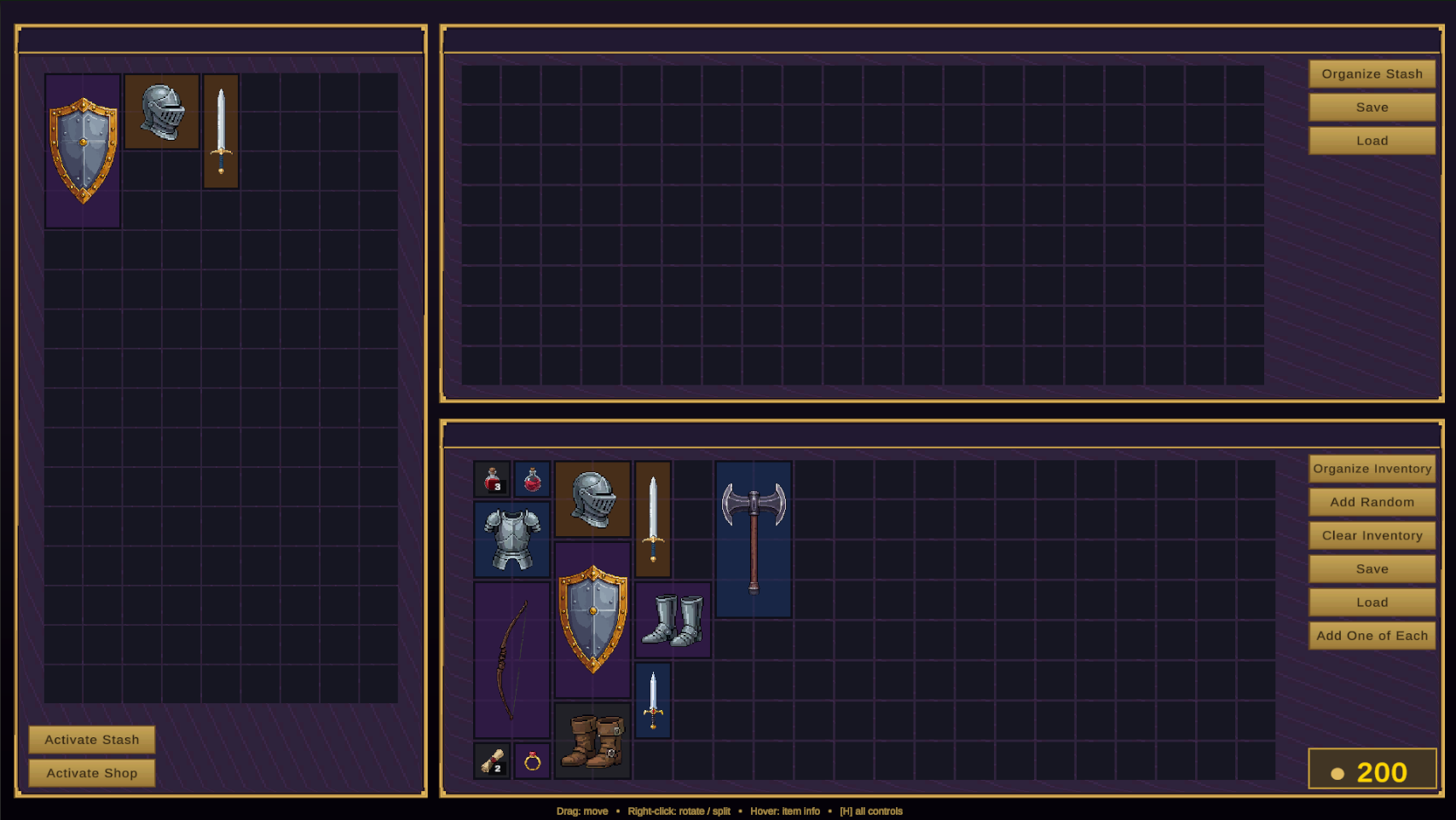 Player, shop, and stash grids side by side with a gold counter