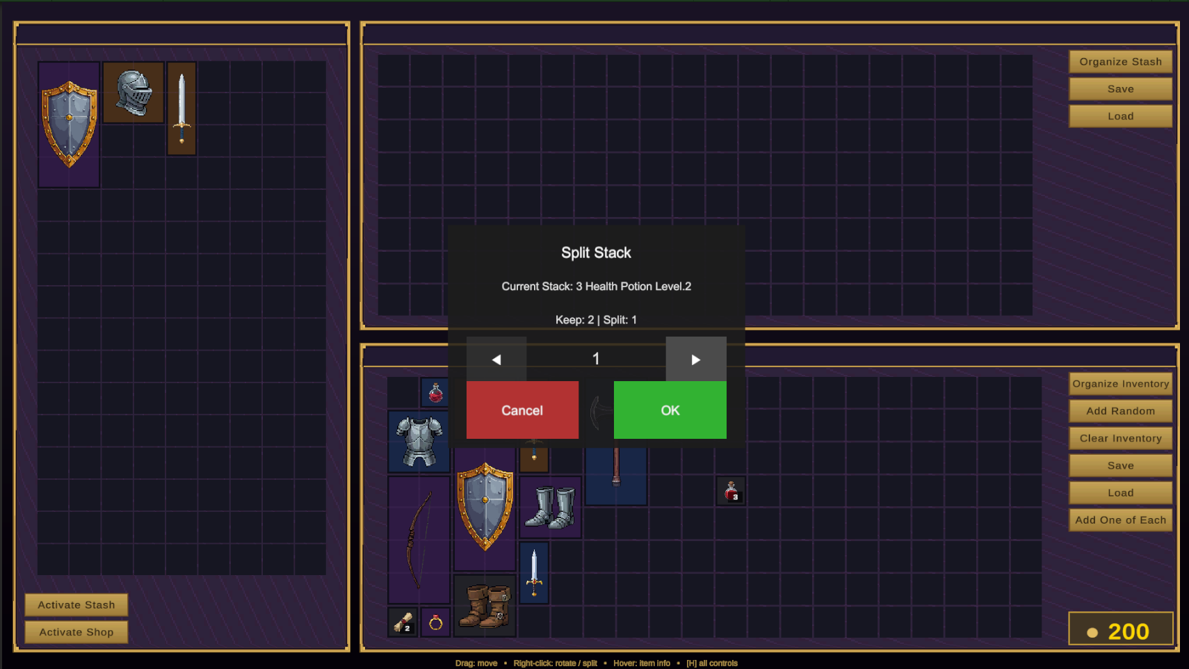The stack split dialog over an inventory