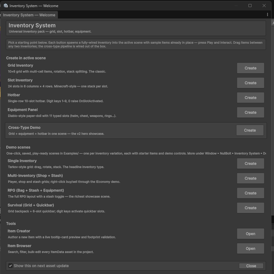 The Inventory System Welcome window with launcher rows