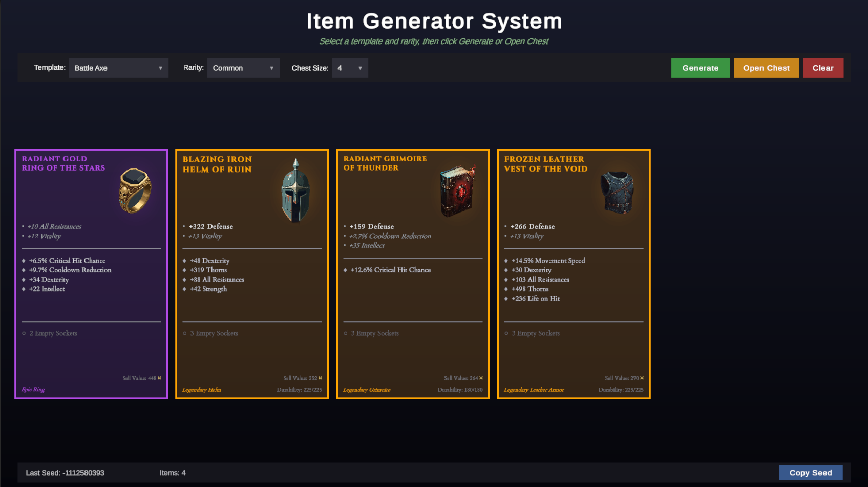 The demo scene in Play mode with generated item cards