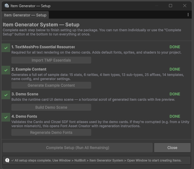 The Item Generator setup wizard with its four steps